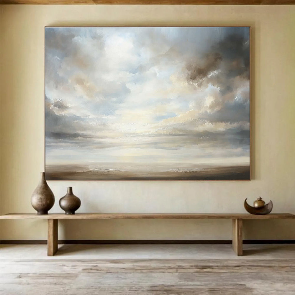 A large abstract painting featuring an open sky with billowing clouds in soft pastels, symbolizing peace and infinite possibilities.SC560