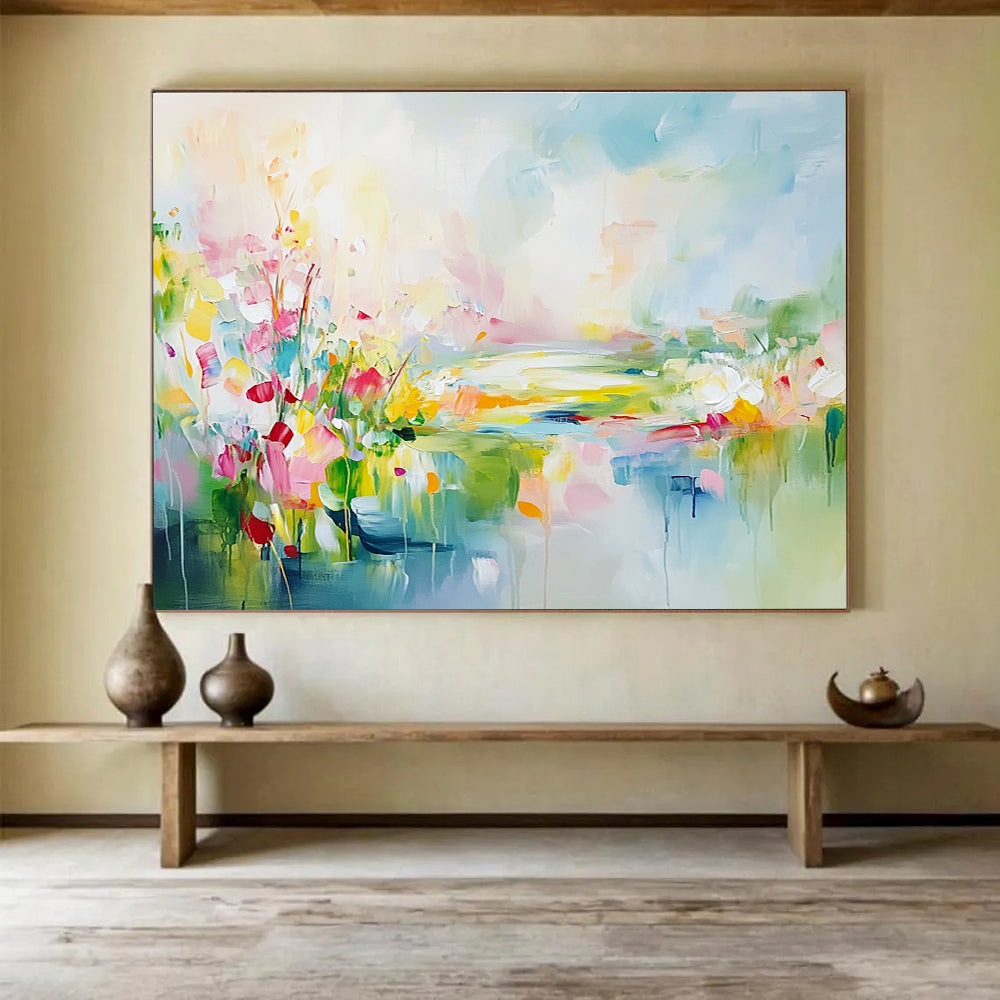 Large abstract landscape painting featuring spring flowers in a colorful meadow with a flowing river vibrant greenery and a serene sky.SC084