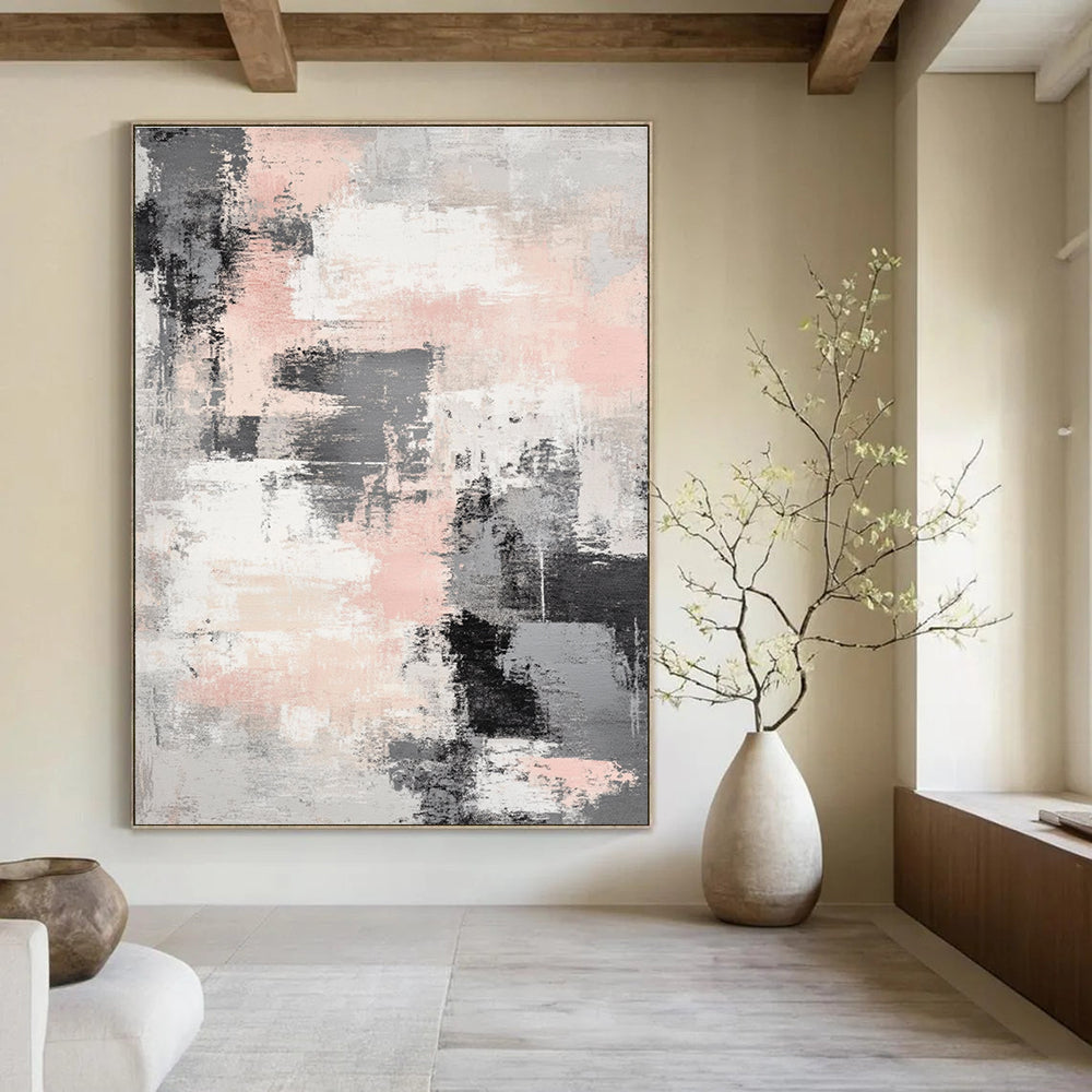 Large abstract art piece featuring soft gray and light pink interwoven textures with airy white spaces for a tranquil and mysterious atmosphere.STSC133