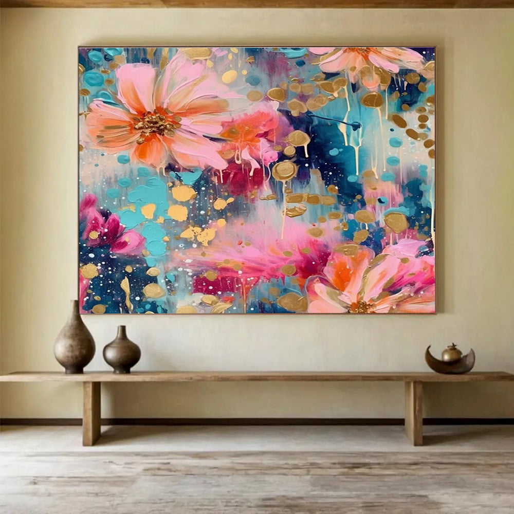 Floral Fantasy Abstract Painting with Pink, Blue, and Gold Accents THY289