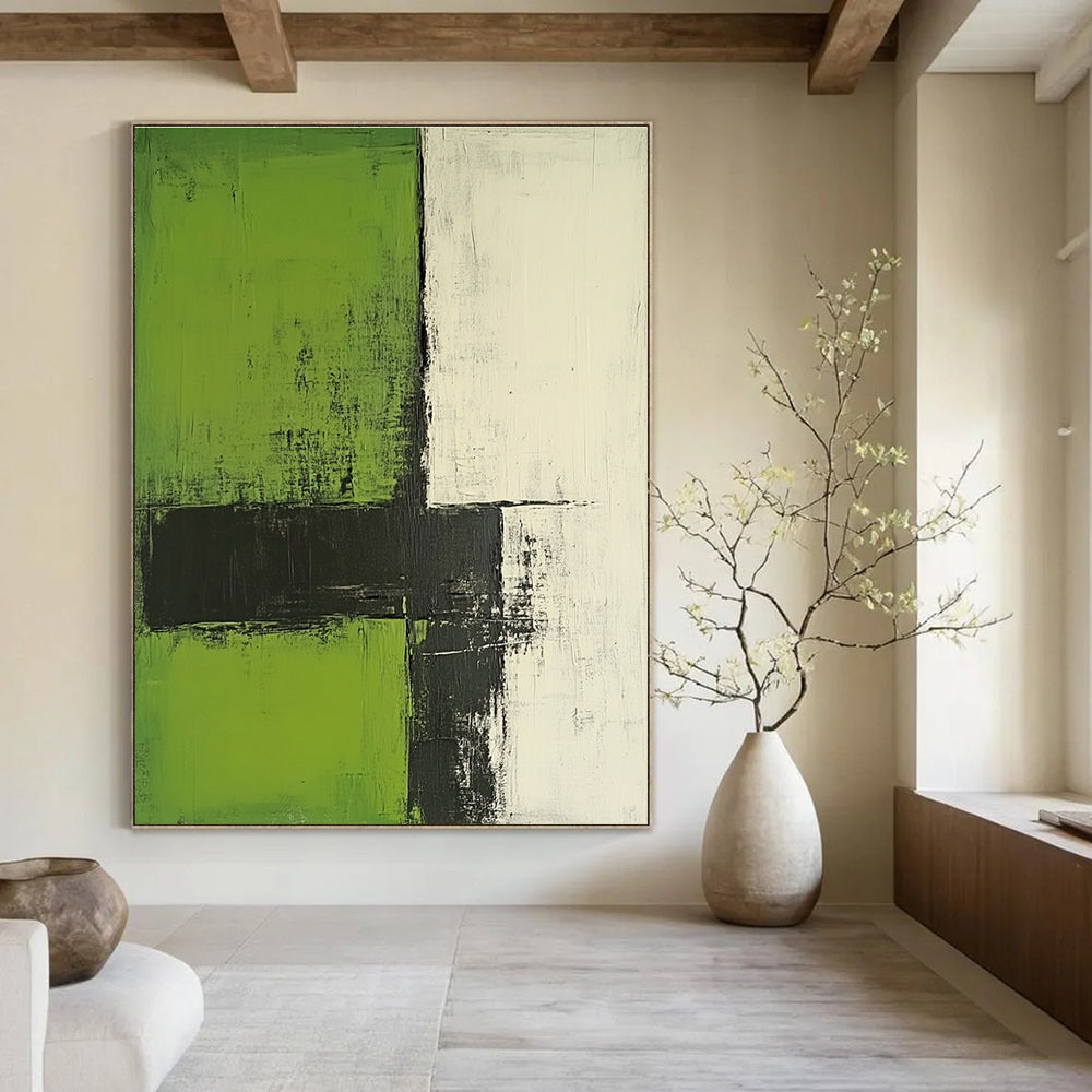 Large abstract painting with green and white colors featuring minimalist brushstrokes black lines and strong texture in a simple composition.STSC422
