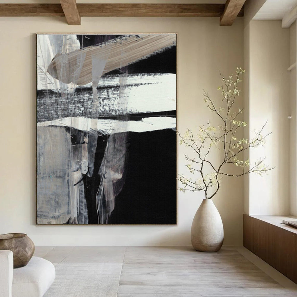 Black and White Abstract with Bold Brushstrokes Painting ADGE193