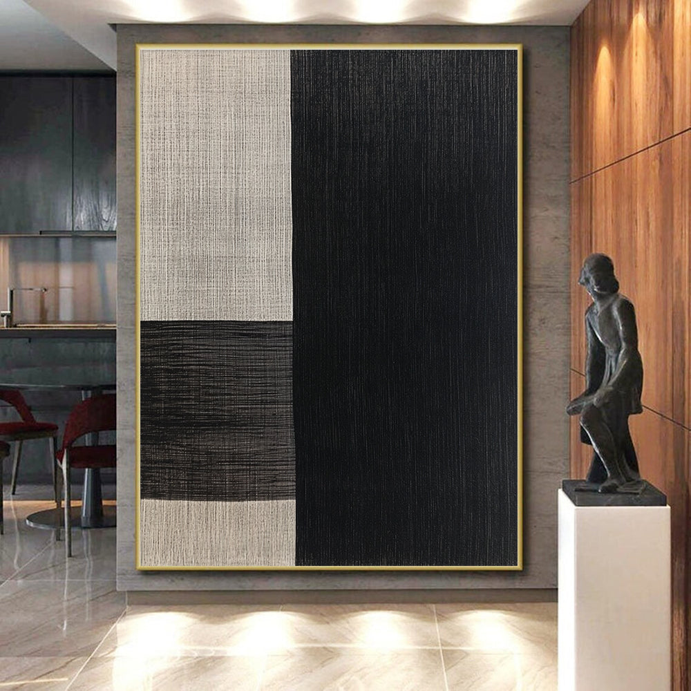 Black and Beige Textured Squares Abstract Painting with Woven - Like Patterns GER015