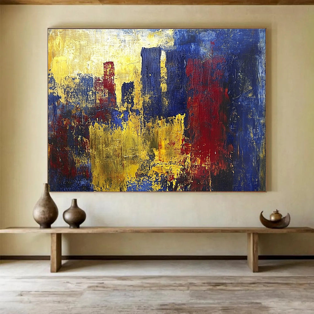 A large abstract painting inspired by J.M.W. Turner and Picasso featuring vibrant yellow blue and red hues with heavy brush strokes and dynamic textures.SC357