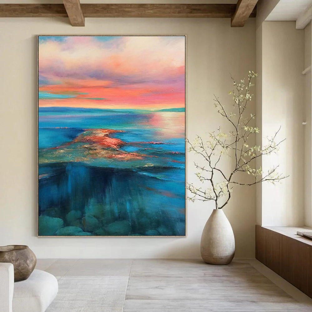 Pink Orange Blue Sea Sunset Abstract Painting ADGE018
