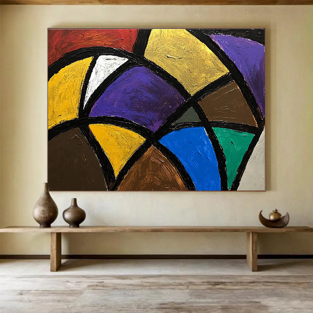 A large abstract painting featuring bold colorful lines and shapes with dark gray and beige tones, creating a sense of depth and complexity.SC440