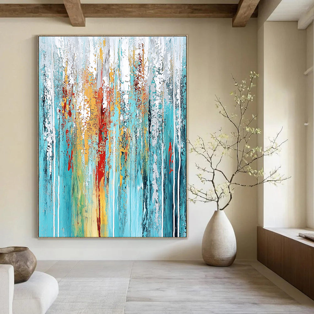 Large abstract painting featuring textured layers in teal aqua blue white gray red yellow green with dynamic streaks and vertical lines.STSC374