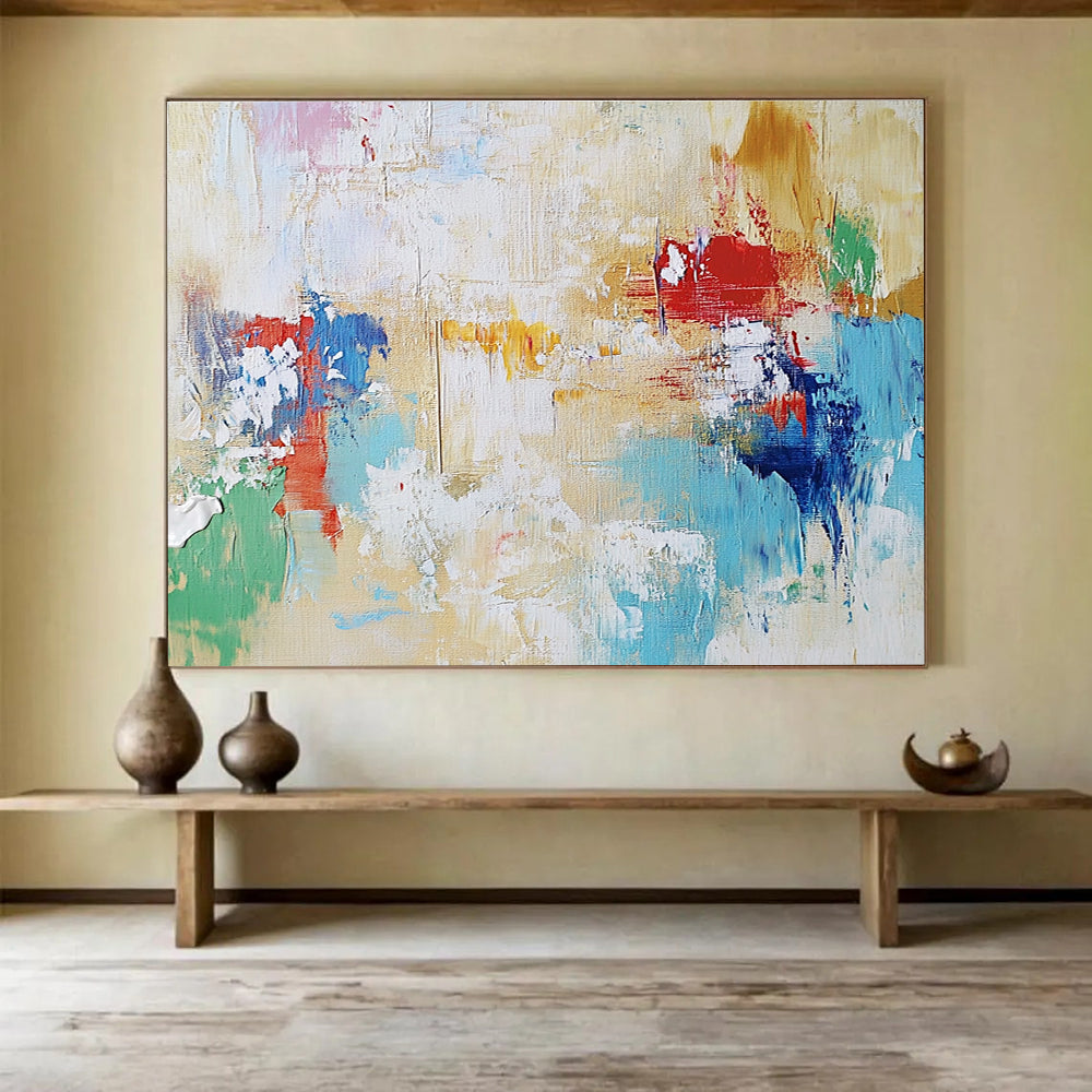Large abstract painting in light colors depicting freedom with brushstrokes suggesting forms, evoking hope, joy, and endless possibilities.SC217