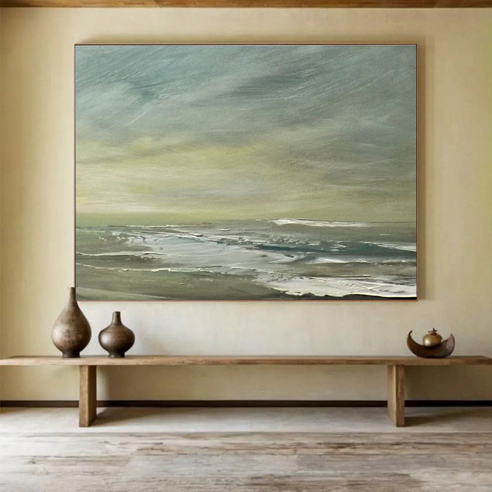 Muted Green Grey Sea Sky Abstract Painting THY026
