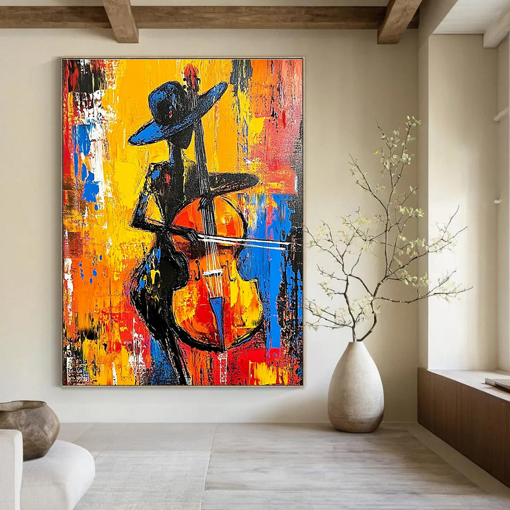 Large Abstract Painting Featuring A Woman In Black With A Hat Playing Cello In Vibrant Red Yellow Blue And Orange Tones Inspired By Anna Bocek.STSC1261