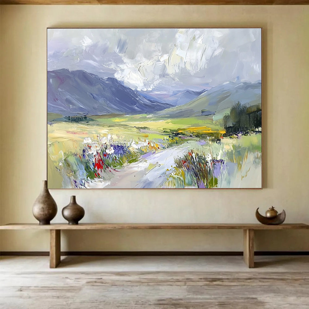 A large abstract painting capturing Scottish glens with soft clouds and vibrant colors offering an impressionistic, dynamic landscape experience.SC473