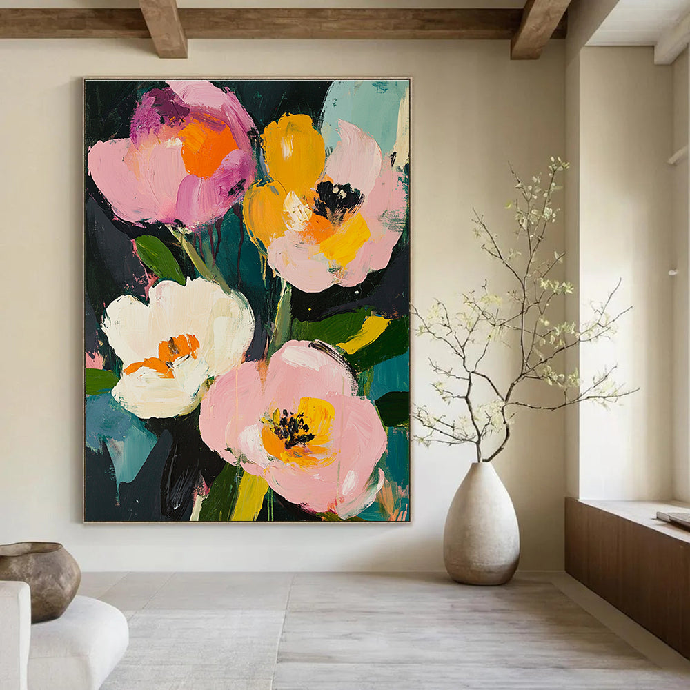 Large abstract painting featuring pink roses and white peonies with loose brushwork in a vintage style and rich colors of greens yellows and blues.STSC057