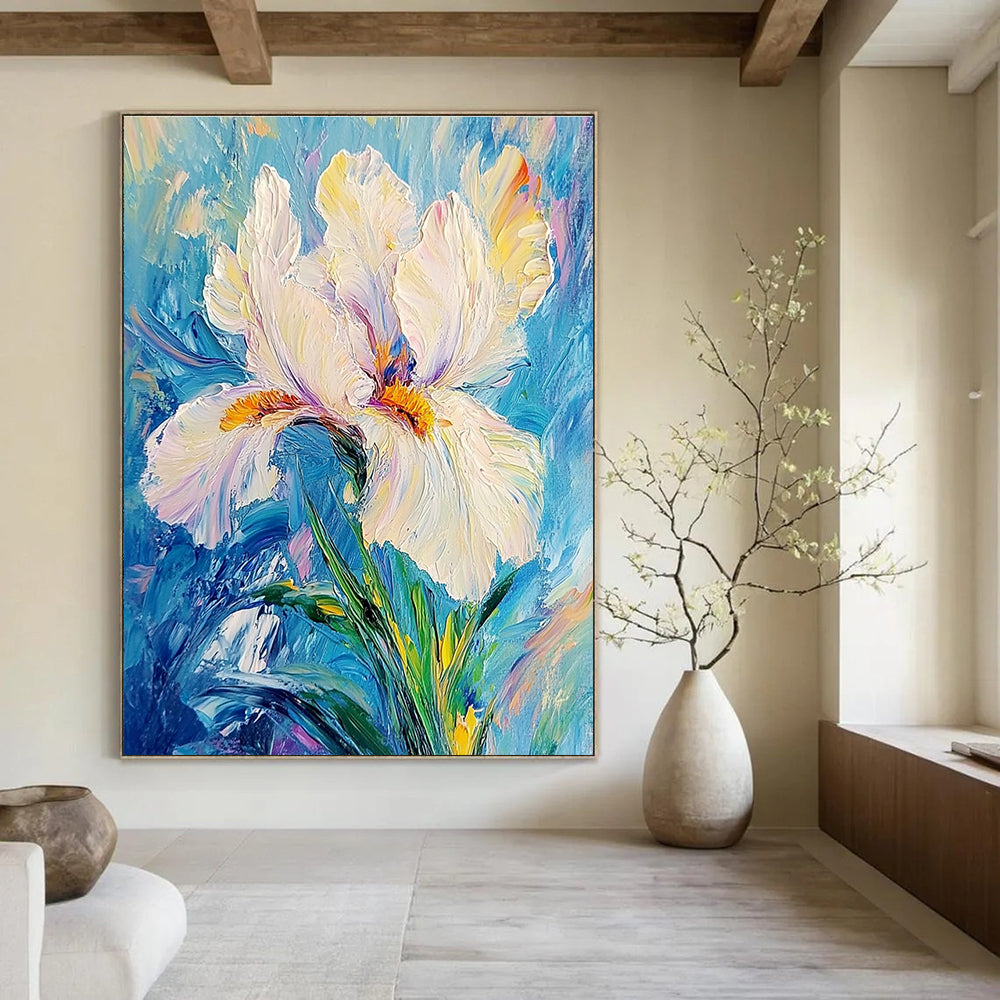 Abstract painting featuring a white iris flower on a blue background with delicate petals vibrant hues and a tranquil elegant composition.STSC1384