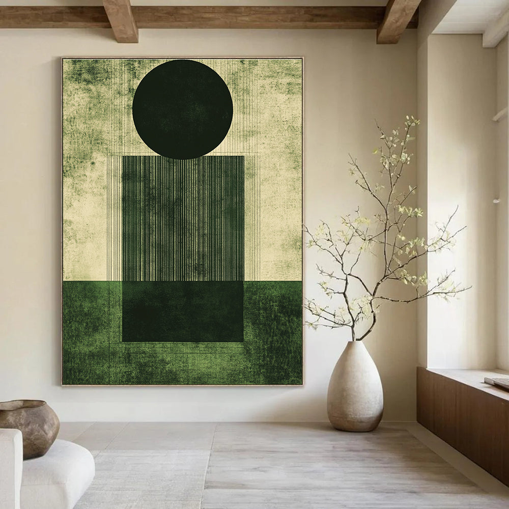 Abstract artwork featuring geometric shapes in deep emerald green and dark gray with a grainy texture and minimalistic design elements.STSC1006