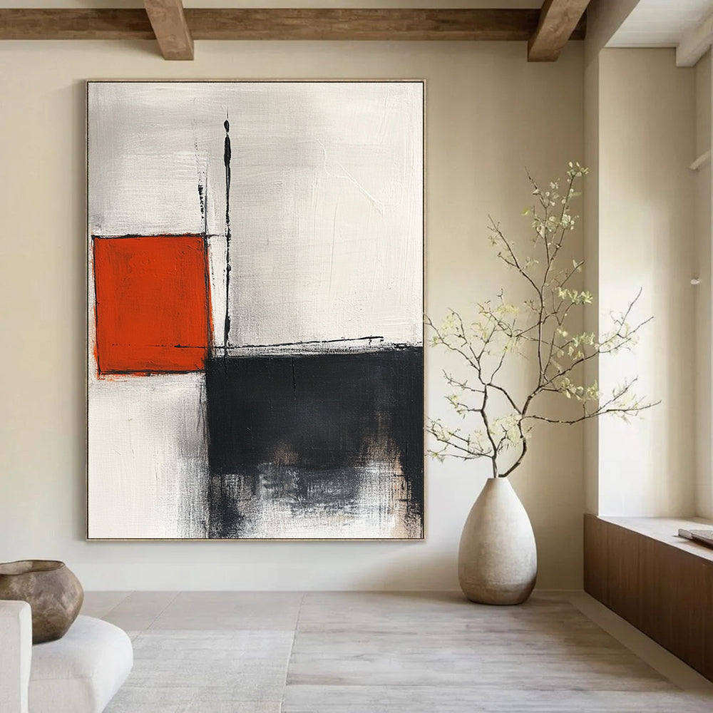 Large abstract painting featuring lines squares and soft edges in white grey black and red tones with minimalist elegance and high-resolution quality.STSC772
