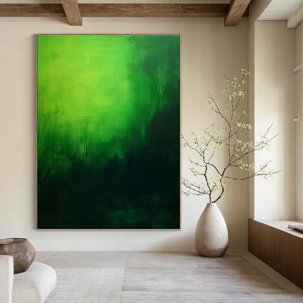 Large abstract painting featuring a green gradient on a dark background creating a moody and atmospheric foggy effect in oil on canvas.STSC310
