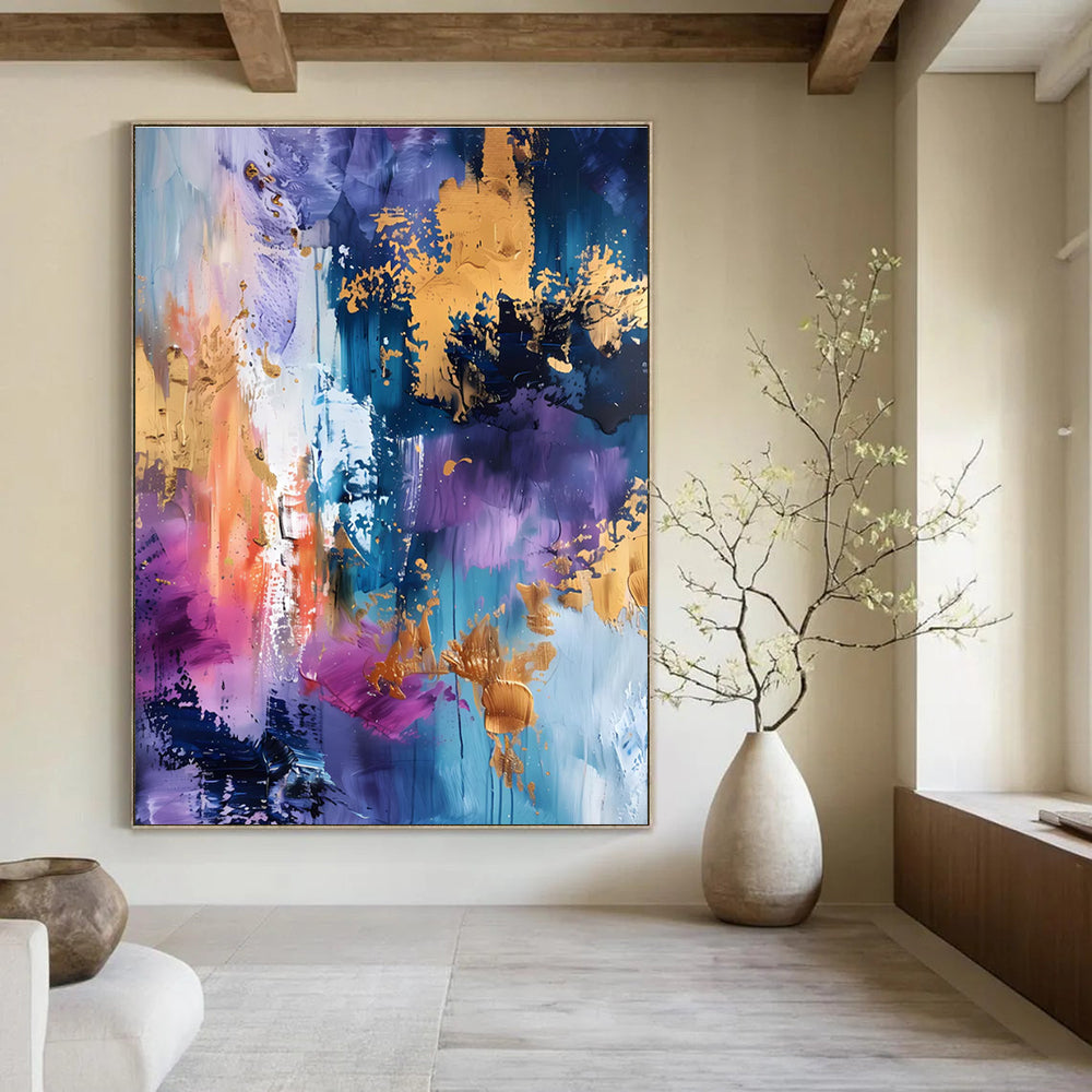 Purple Blue and Gold Abstract Painting with Splashes ADGE282