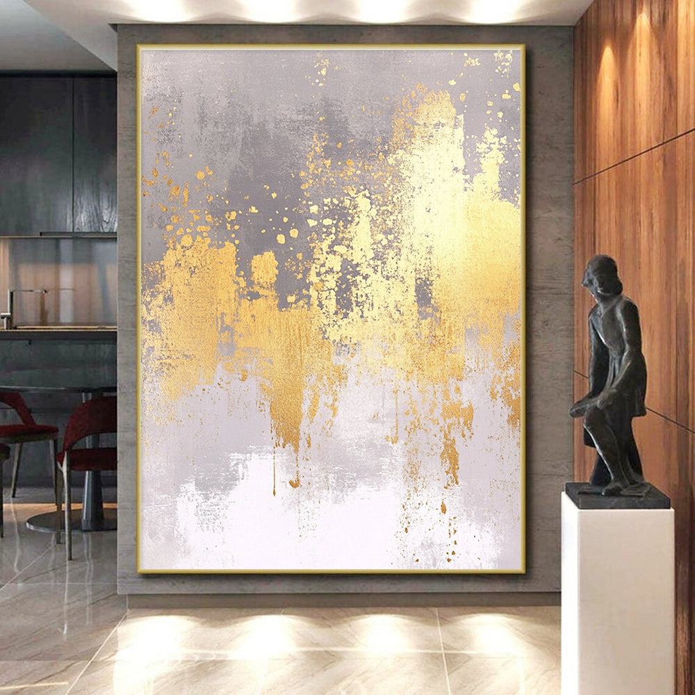 Gold and Gray Abstract Painting with Textured Splashes GER419