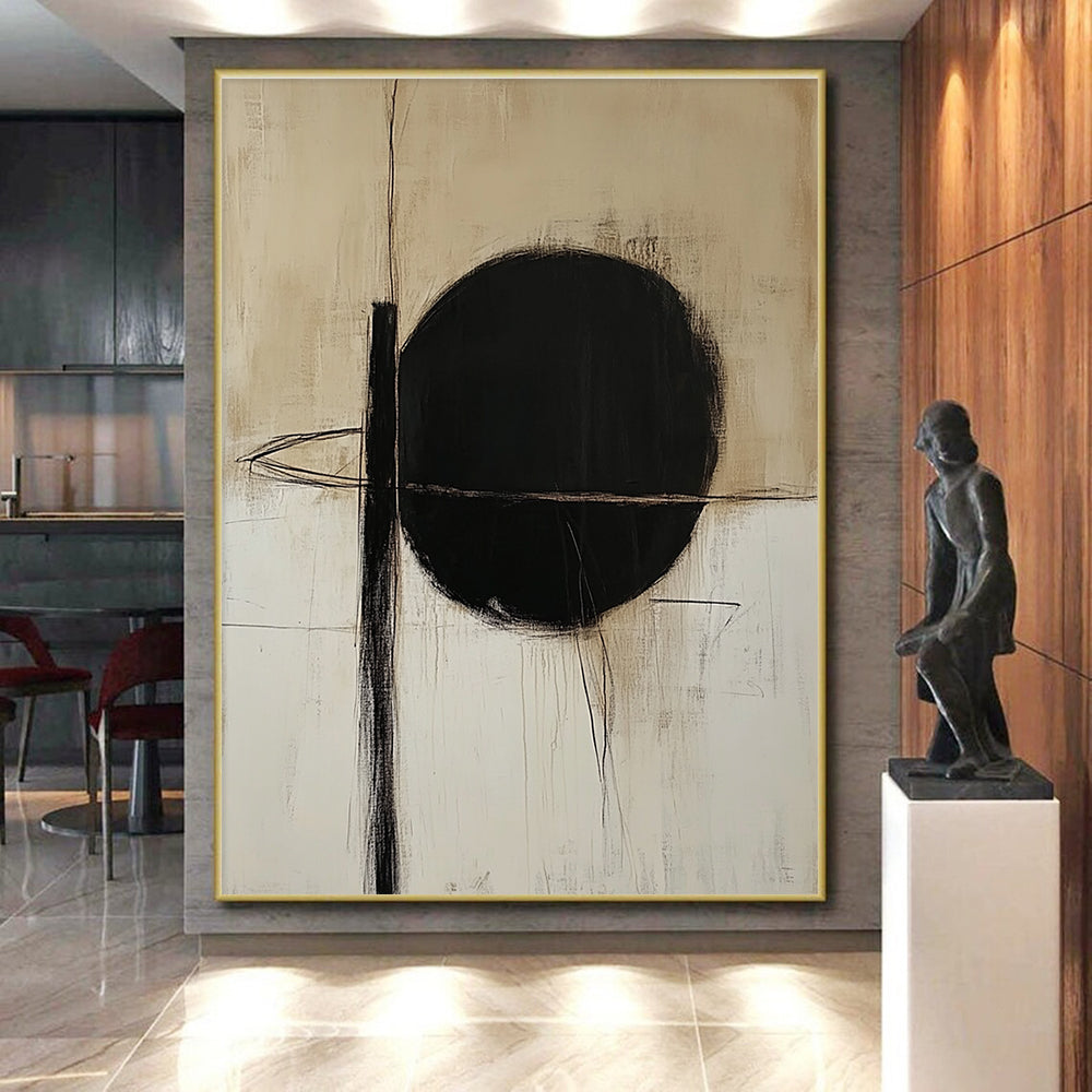 Black Circle and Lines Abstract Painting on Beige Background GER010