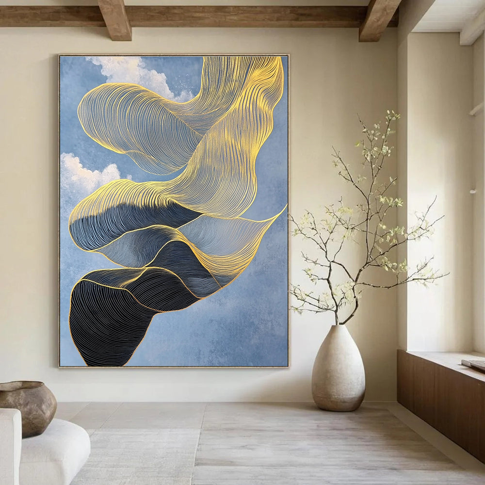 An Abstract Artwork Featuring An Elegant Gold And Black Scarf Floating Against A Crisp Blue Sky With Intricate Details And High Contrast.STSC1283