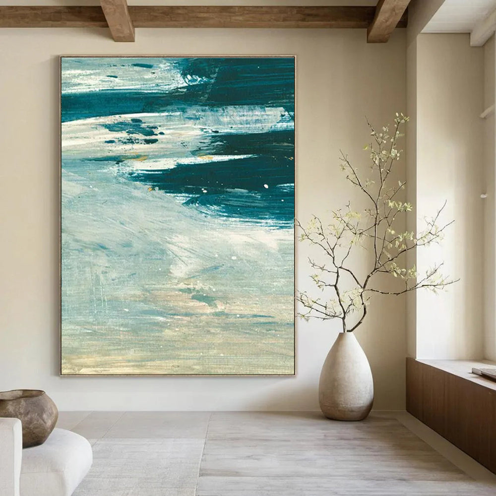 Teal and White Abstract with Textured Layers Painting ADGE176