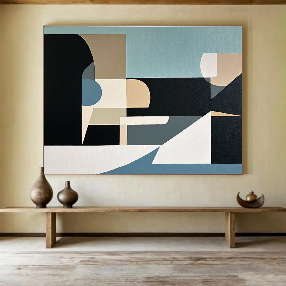 An abstract painting featuring geometric shapes and organic forms in muted tones of light blue black grey beige and white.SC512