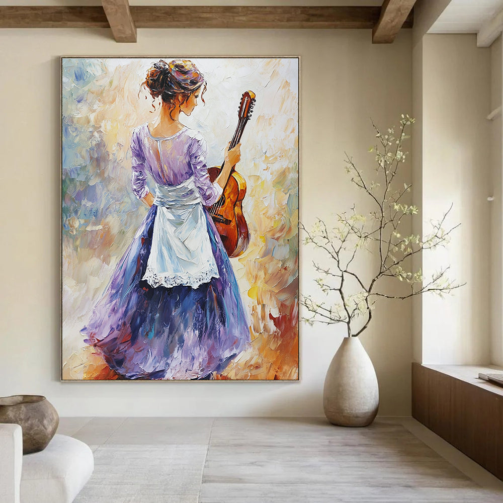 Large abstract oil painting featuring an elegant figure in a light purple dress and dark blue skirt holding a guitar with vibrant colors and soft lighting.STSC1373
