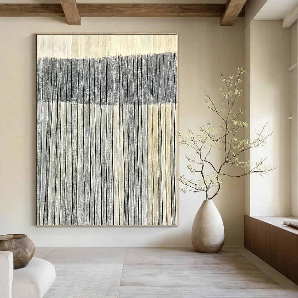 Large abstract painting of harmonious gray and white stripes on a light sandstone backdrop symbolizing luxury and elegance in minimalist design.STSC1121