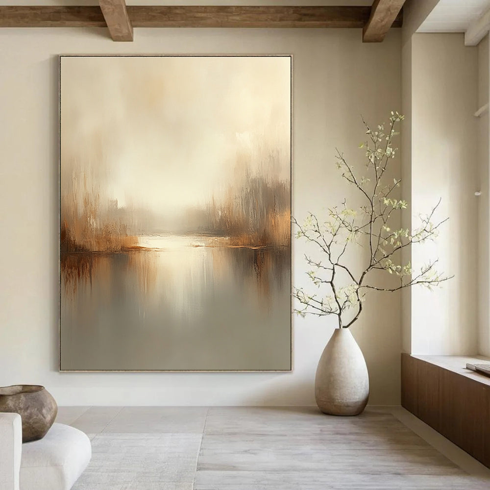 Large abstract painting in soft beige and gray tones with blurred edges and tranquil mood creates a serene atmosphere for modern art lovers.STSC102