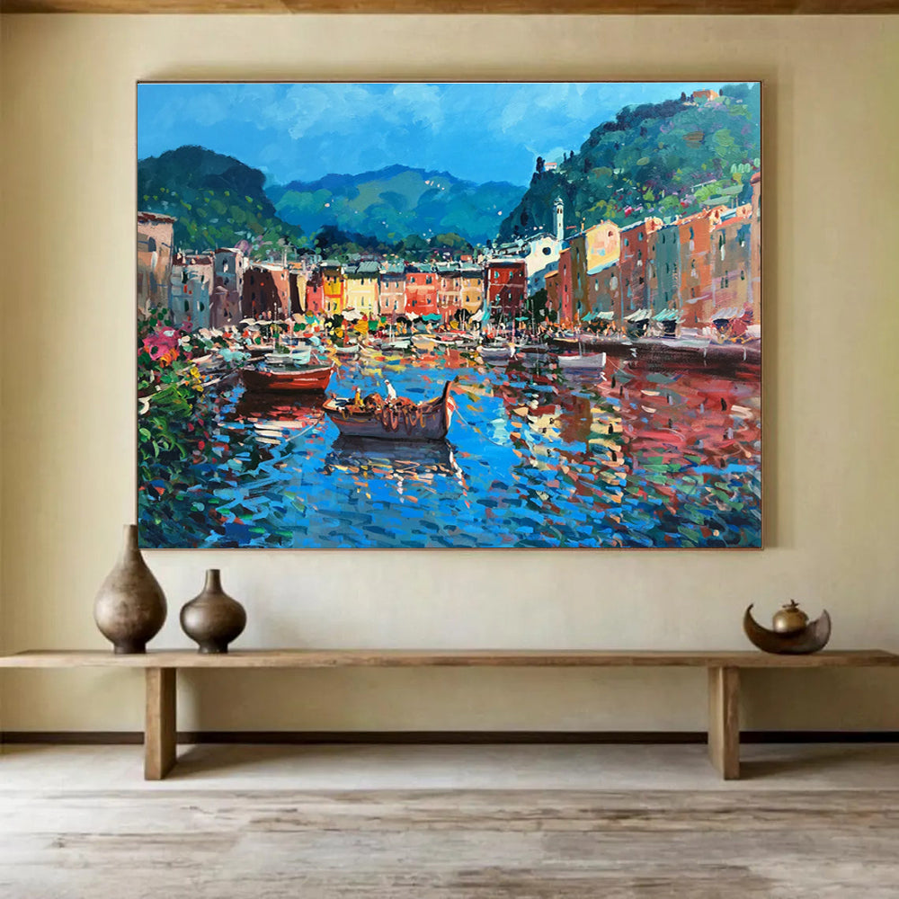 Harbor with Colorful Boats Impasto Painting THY459