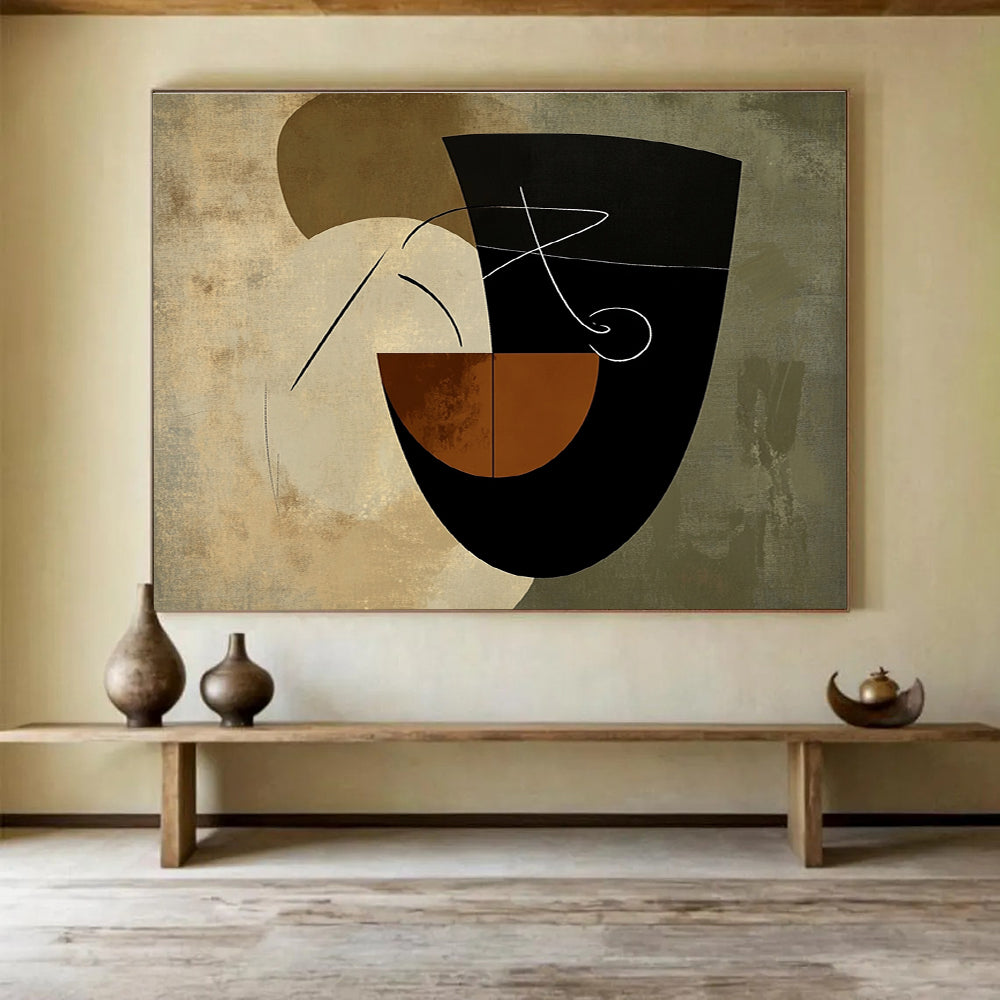 An abstract artwork featuring organic shapes in earthy tones with a stylized hand illustrating an 'S' on a textured bowl background.SC484