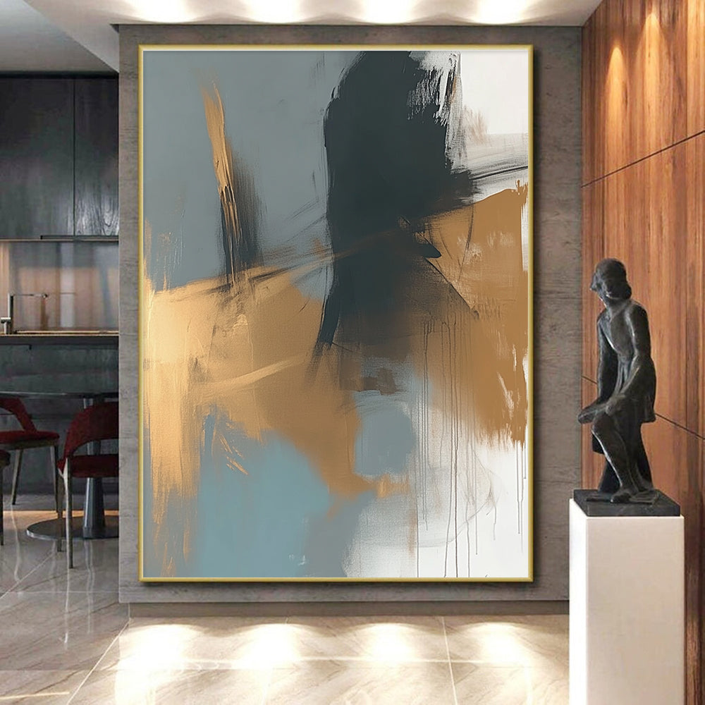 Gray Gold Abstract Painting with Fluid Brushstrokes GER780
