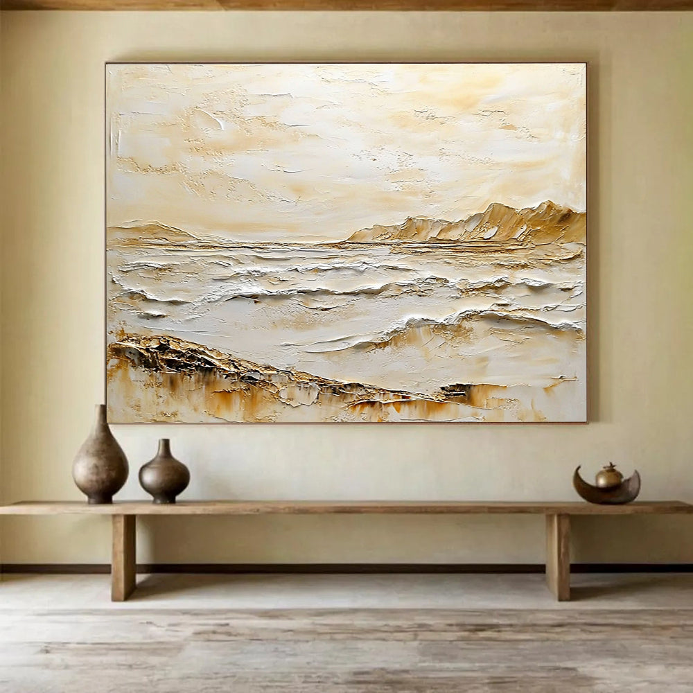 Textured Coastal Landscape Abstract Painting with Beige and White Impasto DYP618
