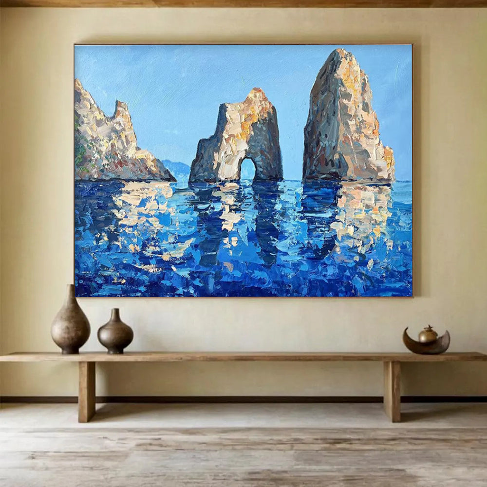 Blue Beige Sea Stack Rocks Abstract Painting THY478