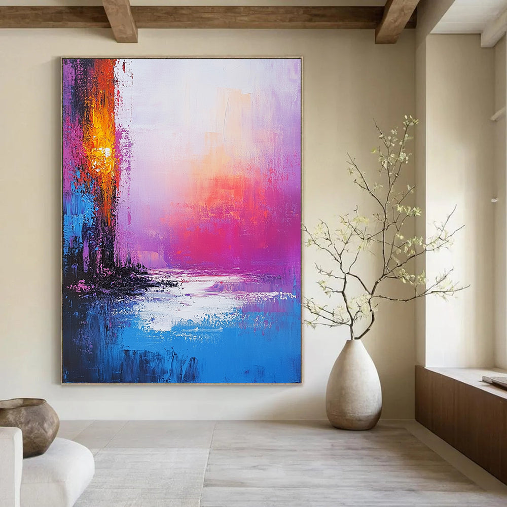Large abstract painting of an iridescent ocean with pink purple and blue hues featuring a golden portal and a serene sunset ambiance.STSC261