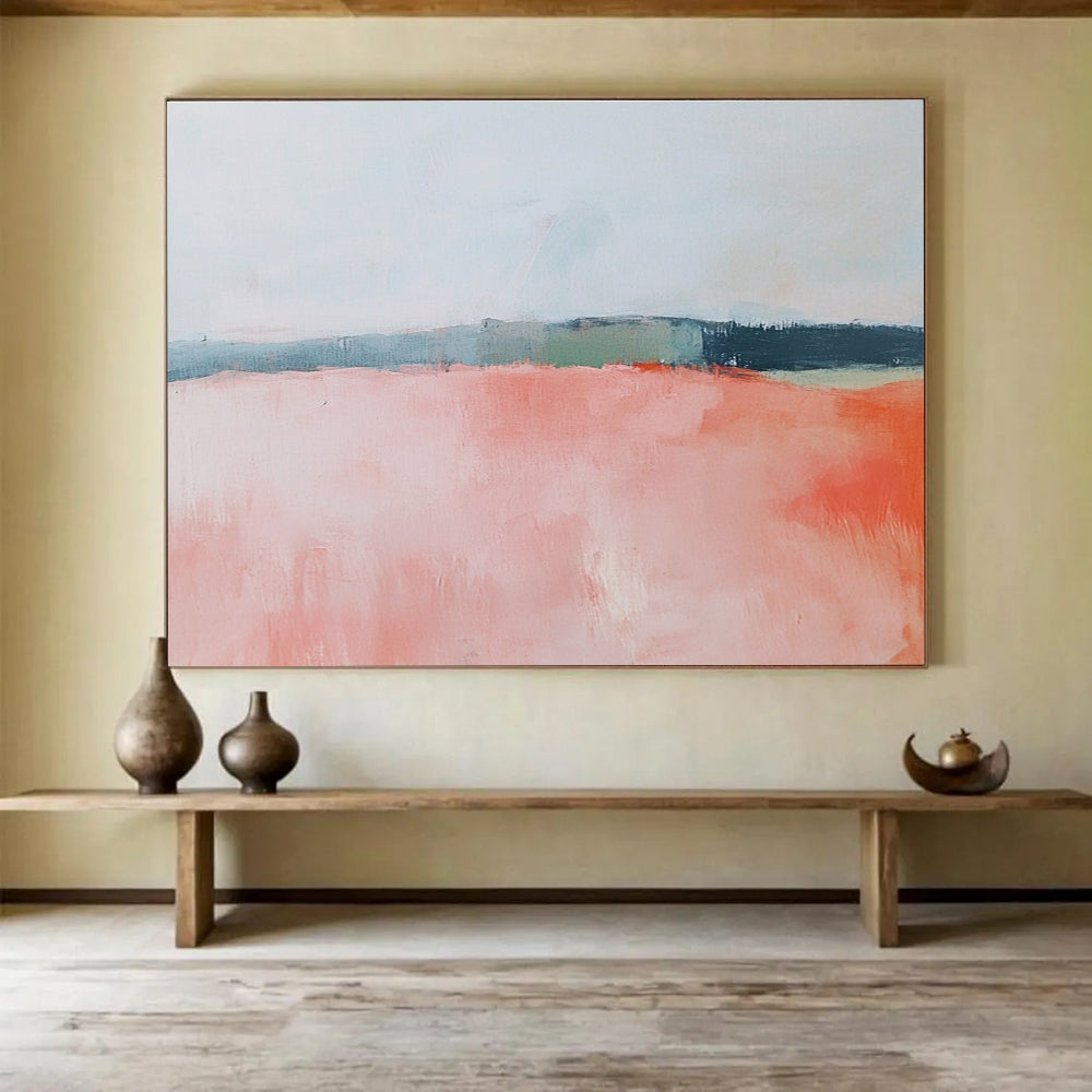 Large abstract painting featuring soft pink and coral fields, a muted sky, and gentle blue, green, and gray brushstrokes.SC055
