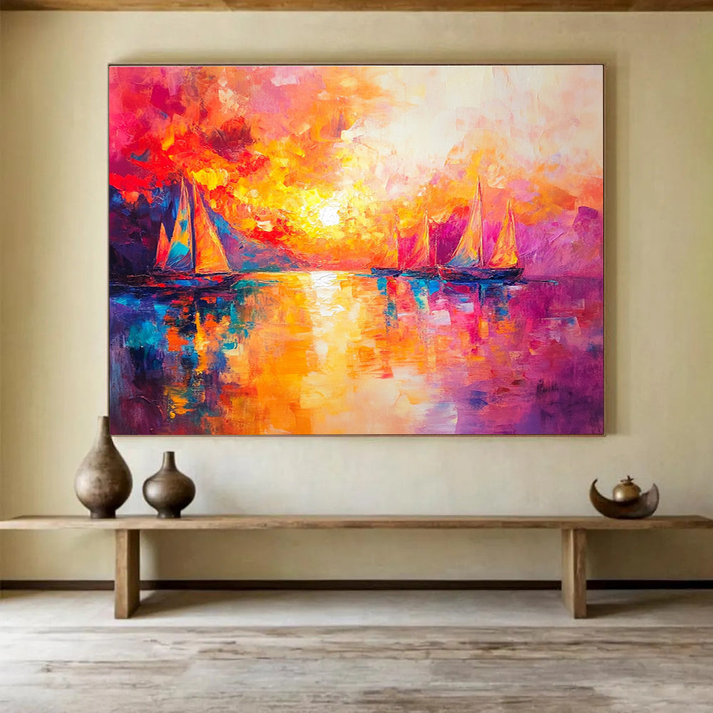 Vibrant Sunset Sailboats Abstract Painting with Bold Color Palette DYP321