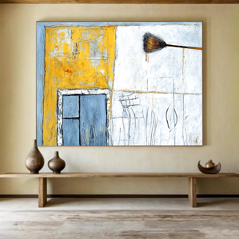 Large abstract painting featuring an old building in yellow and white with an open window and light blue wall details.SC164