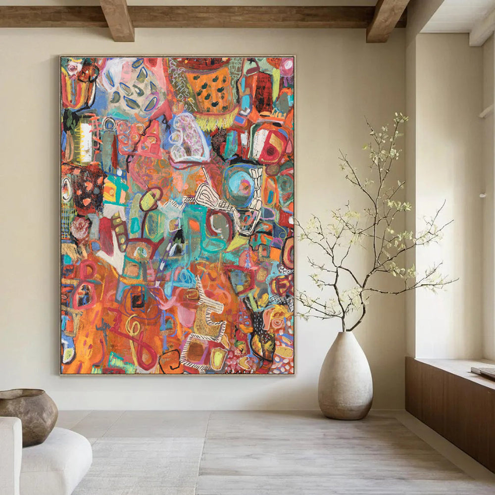 Colorful Collage - style Abstract Painting with Orange Base ADGE291