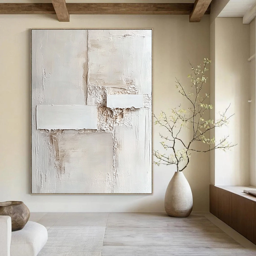 Abstract artwork featuring an off-white wall with a textured finish and subtle shades of white creating depth and visual intrigue.STSC1157