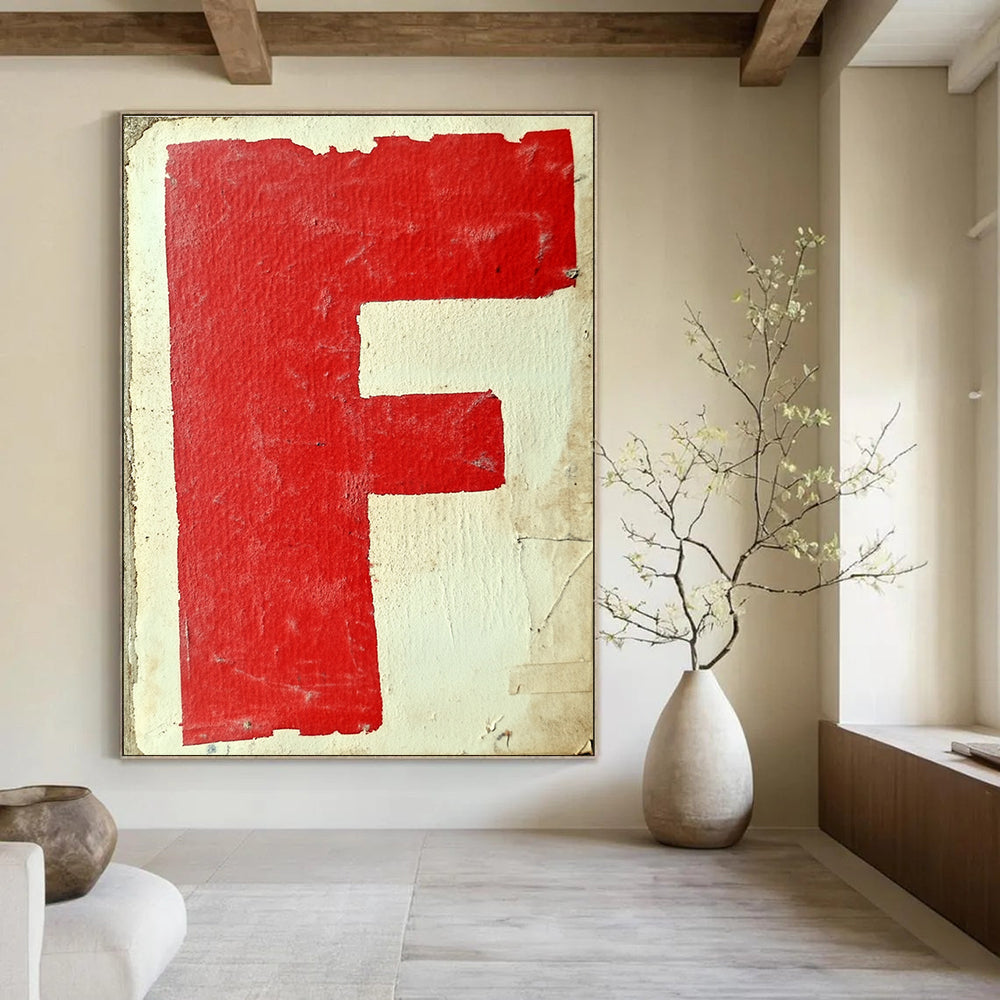 Large abstract artwork featuring red and white graffiti of the letter F with simple shapes on textured paper inspired by Gerd Arntz style.STSC1415