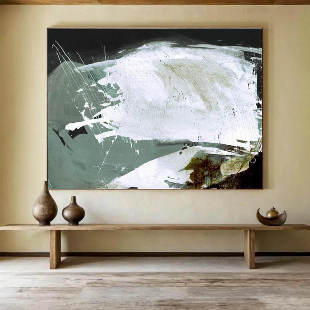 Textured White and Green Abstract Painting with Dynamic Layers THY133