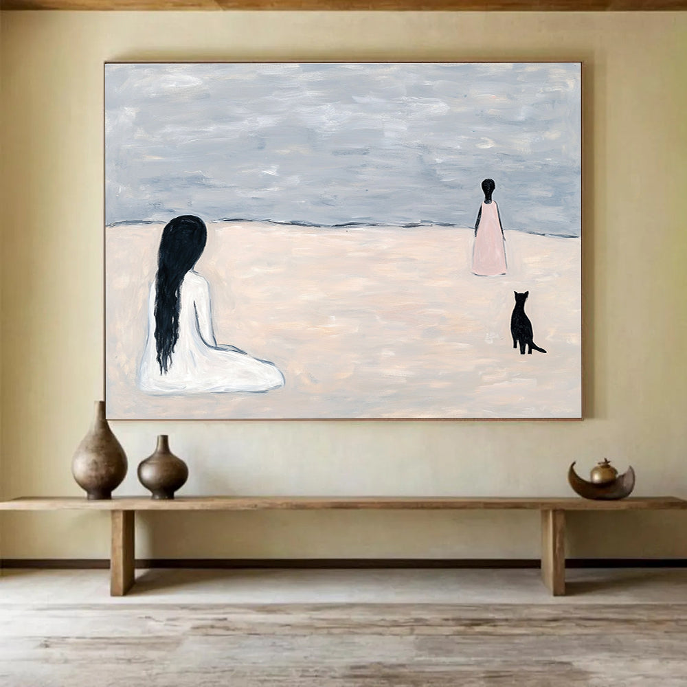 An abstract painting featuring light grey sand dunes and ocean waves with figures and a black cat walking away, evoking serene beach vibes.SC468