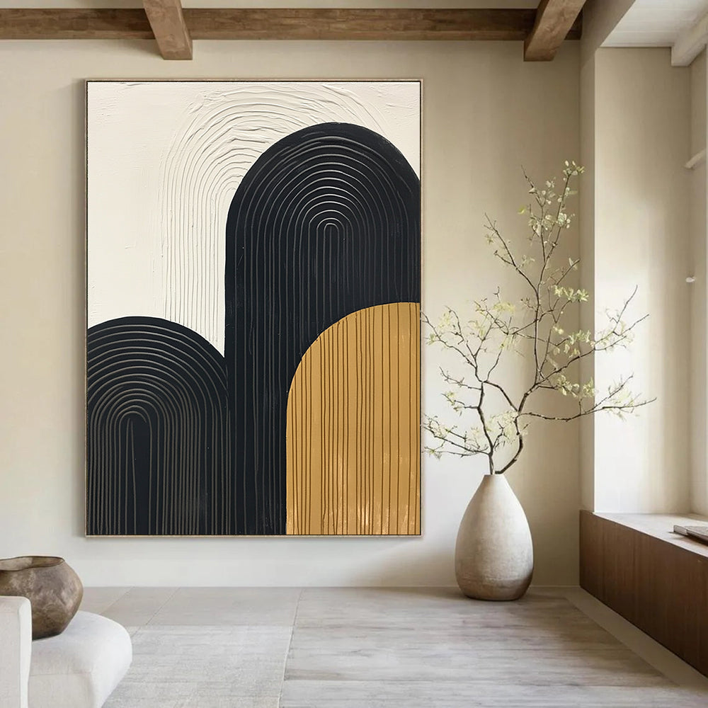 Large abstract painting with thick black lines simple shapes and textured mustard yellow accents on a white background. Modern vintage style artwork.STSC570