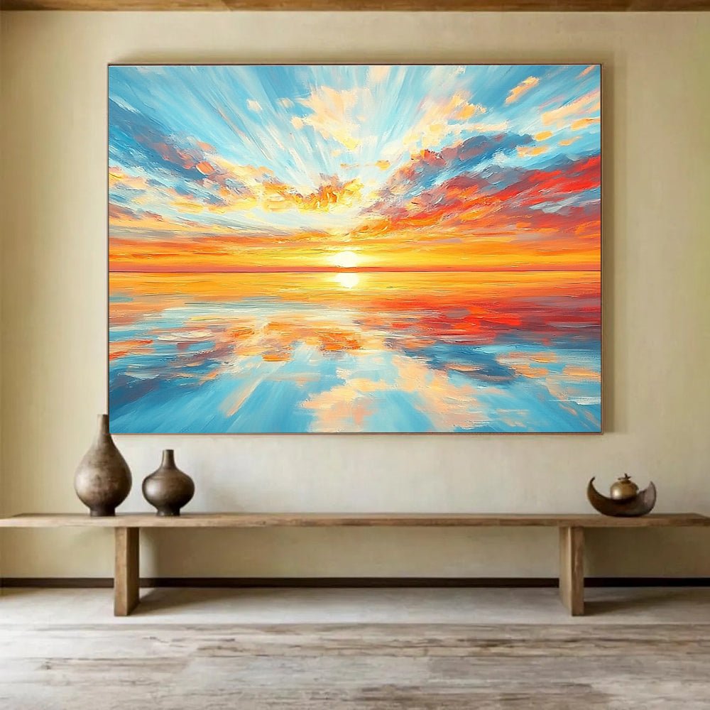 A stunning abstract painting of an endless horizon with a vibrant sunset and colorful reflections on calm waters. Perfect for home decor.SC403