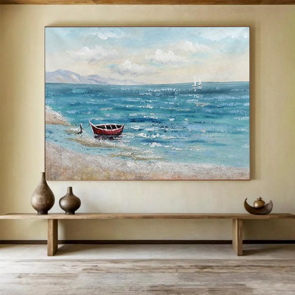 Seaside Boat Abstract Painting with Blue, Red, and White Tones THY224