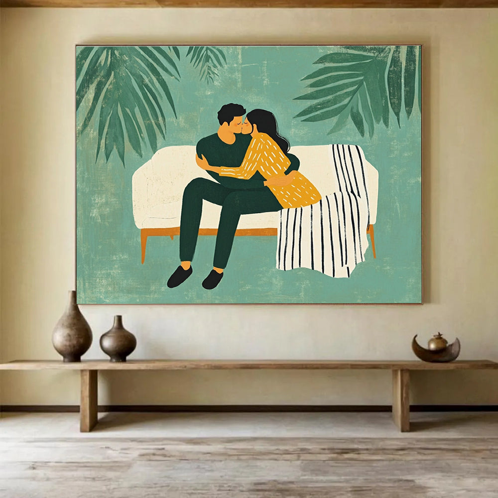 Romantic Couple Abstract Painting with Green and Yellow Tones DYP558