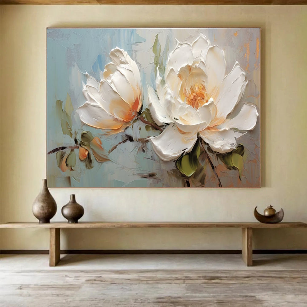 White Peony Textured Abstract Painting with White, Orange, and Green Tones THY174