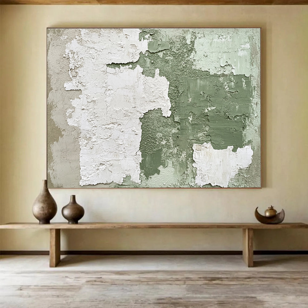 Abstract painting with a vintage feel featuring peeling green and white wall textures and distressed elements in dark brown tones.SC470