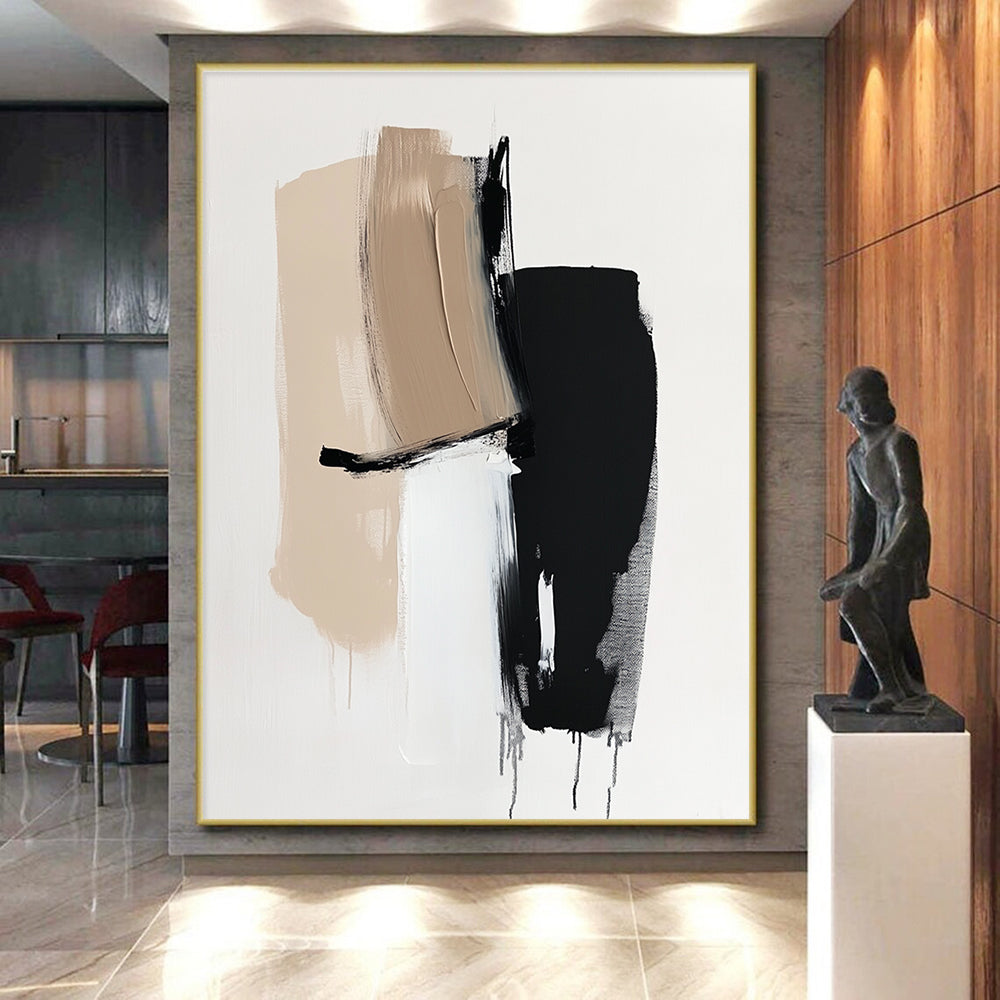 Beige Black and White Abstract Painting with Minimalist Shapes GER632